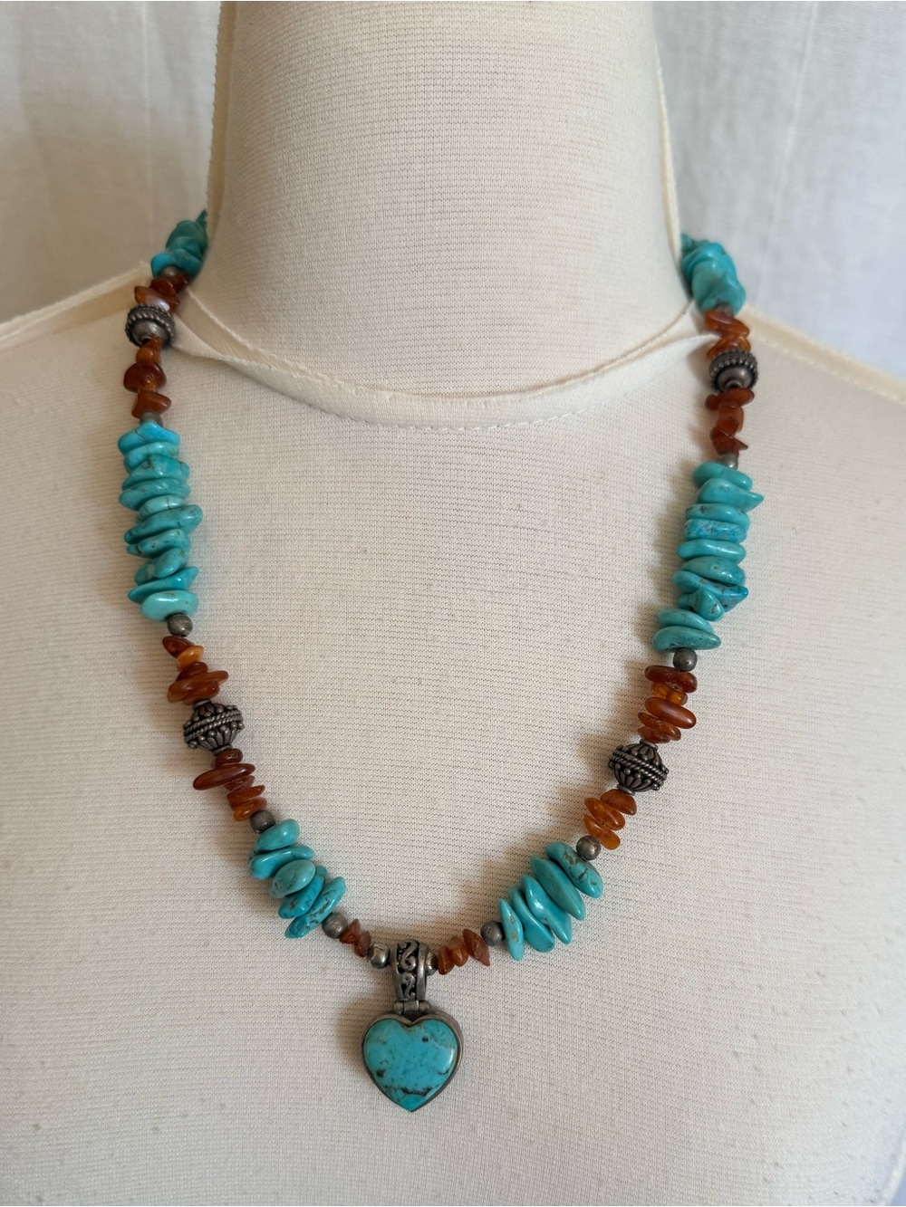 Turquoise sterling silver Heart Pendant Necklace with Amber Accent Beads chunky